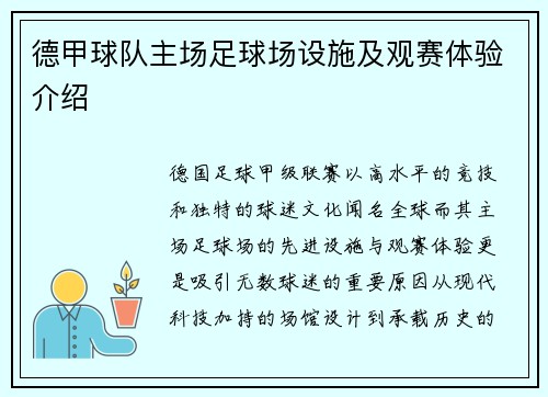 德甲球队主场足球场设施及观赛体验介绍