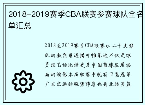 2018-2019赛季CBA联赛参赛球队全名单汇总